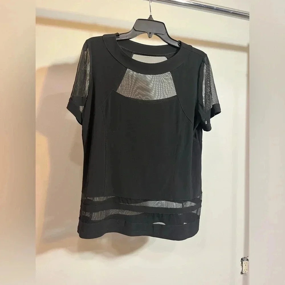 Artex Fashions Black Mesh Panel Short Sleeve‎ Blouse Top 15-112-70046 L/G